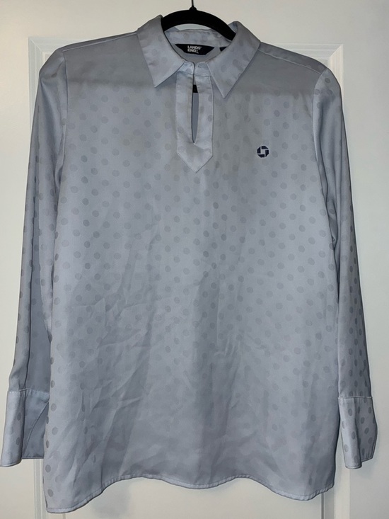 JPMorgan Chase bank land’s end blue long sleeve blouse with key hole and collar